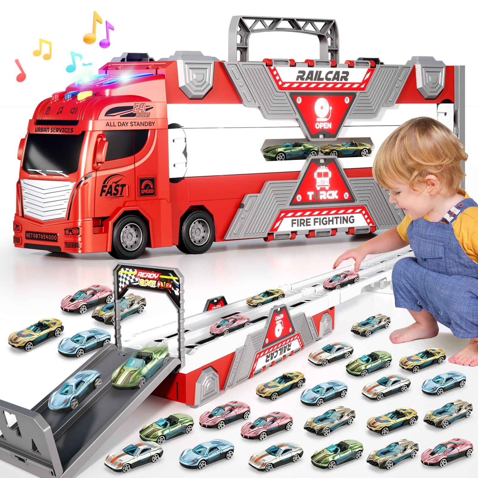 2026  Fire Truck Toys Car With Lights Sounds Music , Transport Truck Toys,Kids Birthday Toys