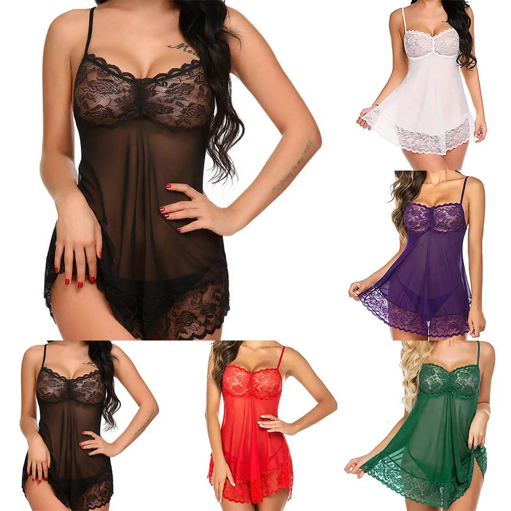 Women Sexy Sleepwear Lingerie Dress Lace Erotic Lingerie Nightdress Sling Dress Mesh Sheer Pajamas Nightgown