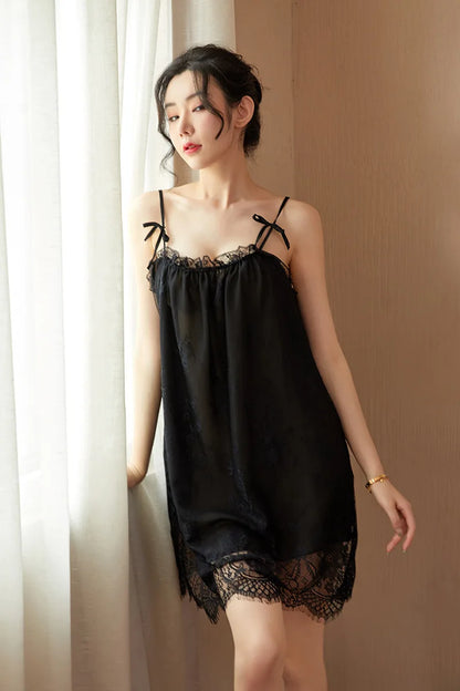 Women‘s Sexy Nightwear Lace Sleepwear Satin Slip Dress Spaghetti Strap Backless Chemise Babydoll Hot Nightdress Summer Homewear