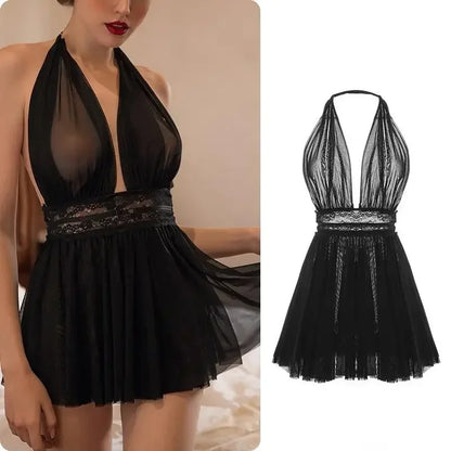 Sexy Backless Transparent Tulle Nightdress Halter Neck Mesh Underwear Nighty For Ladies Sleepwear Fairy Women Lingerie Nightwear