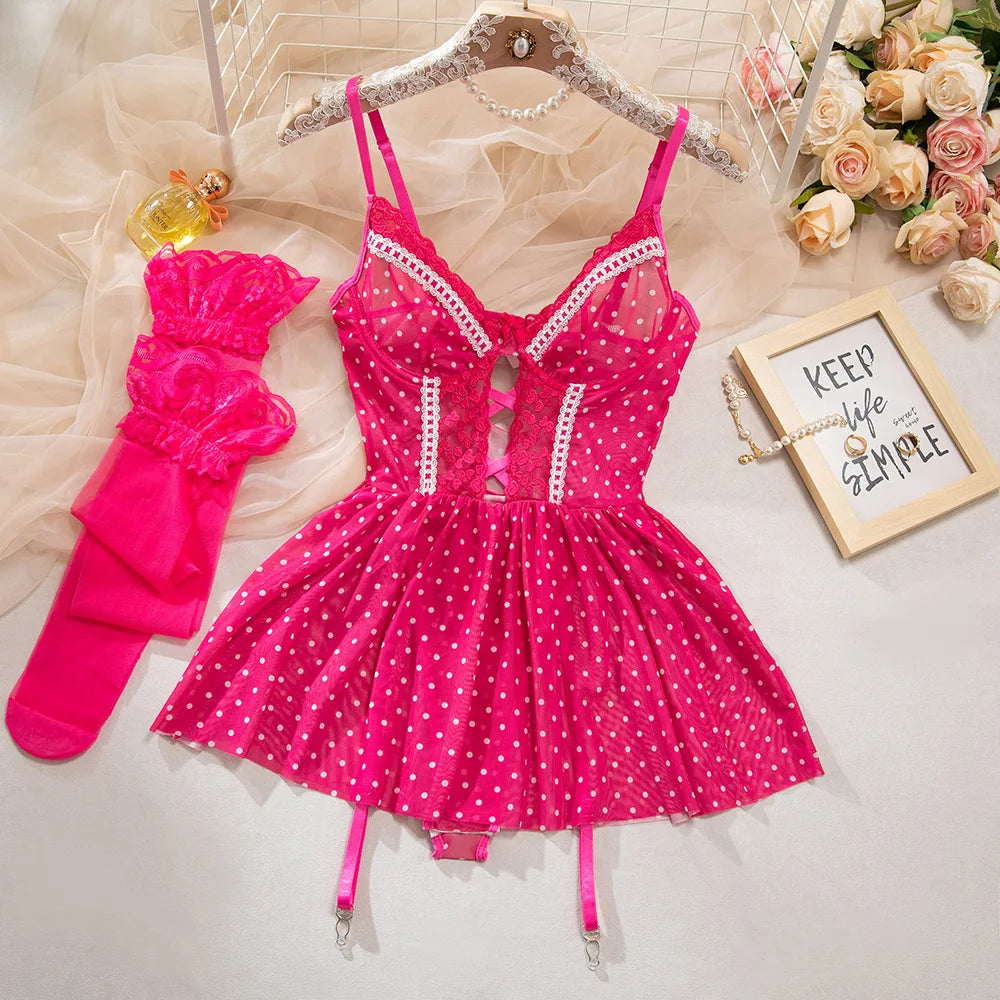 Sexy Nightwear Women Short Pajamas Polka Dot Erotic Female Lingerie Hot Night Dress Stockings Underwear Set Sex Outfit Costumes