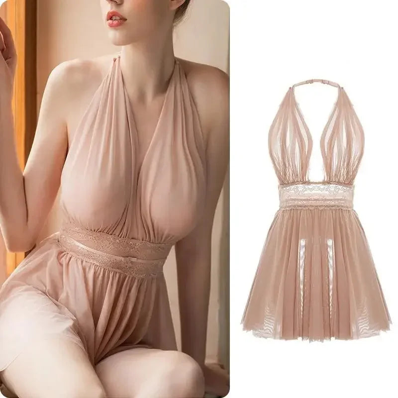 Sexy Backless Transparent Tulle Nightdress Halter Neck Mesh Underwear Nighty For Ladies Sleepwear Fairy Women Lingerie Nightwear