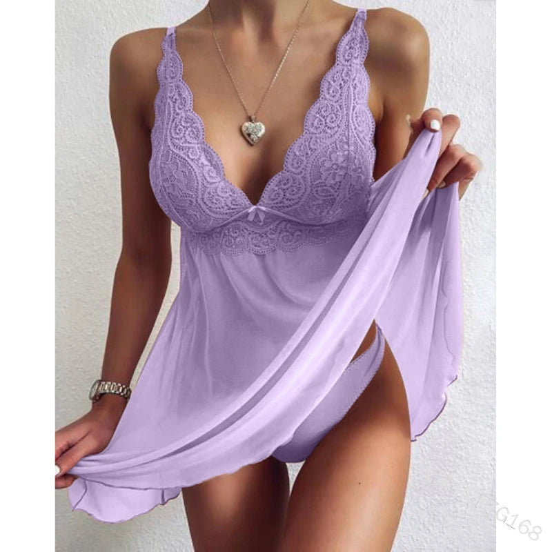 Women Lingеrie Sets Sexy Sleepwear For Sleeping Night Dress Deep V Slip Nightgowns And Panties Lace Ruffle Trim Underwear Pajama