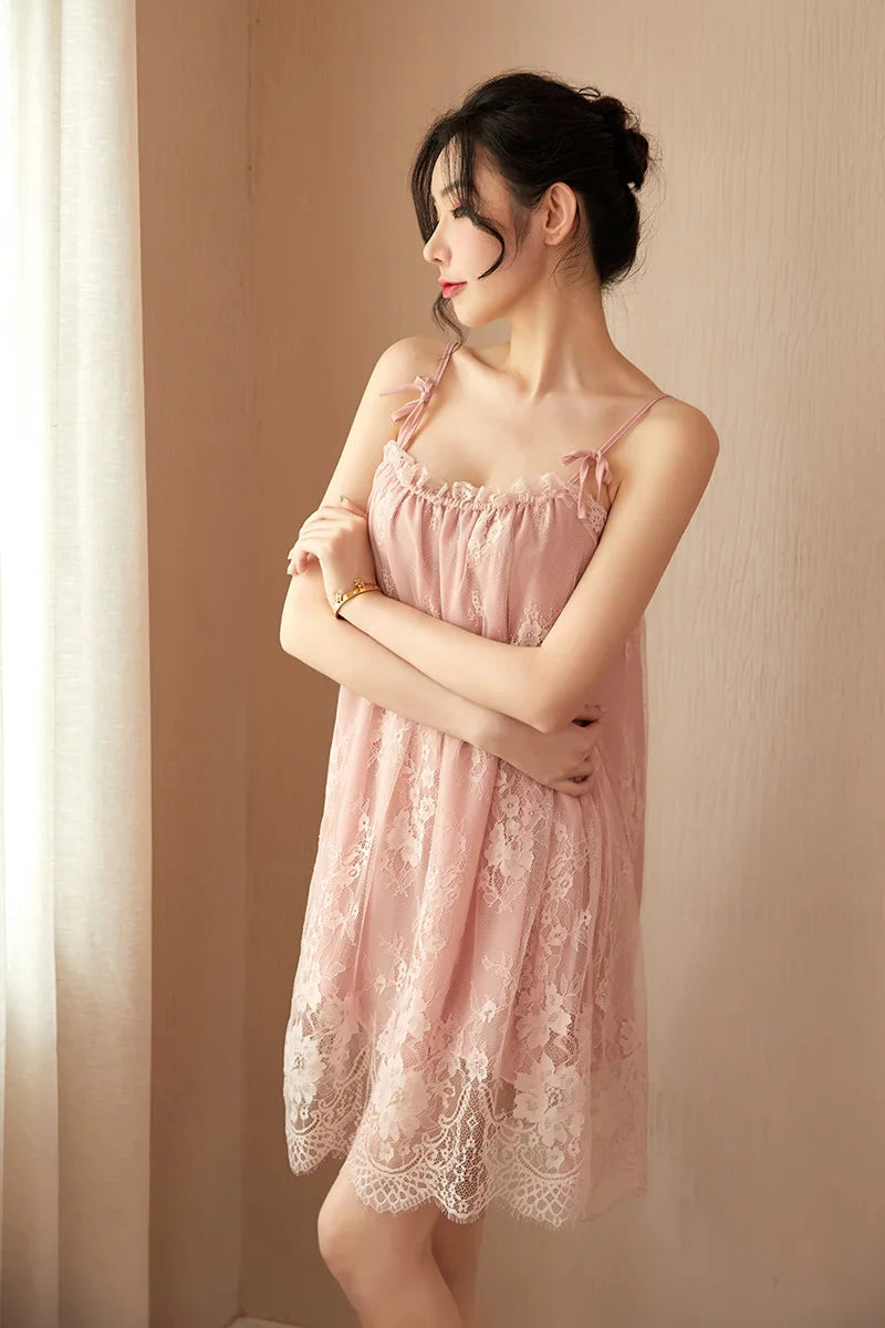Women‘s Sexy Nightwear Lace Sleepwear Satin Slip Dress Spaghetti Strap Backless Chemise Babydoll Hot Nightdress Summer Homewear