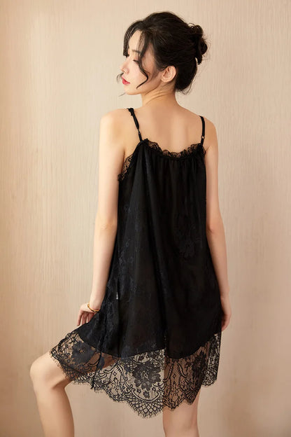 Women‘s Sexy Nightwear Lace Sleepwear Satin Slip Dress Spaghetti Strap Backless Chemise Babydoll Hot Nightdress Summer Homewear