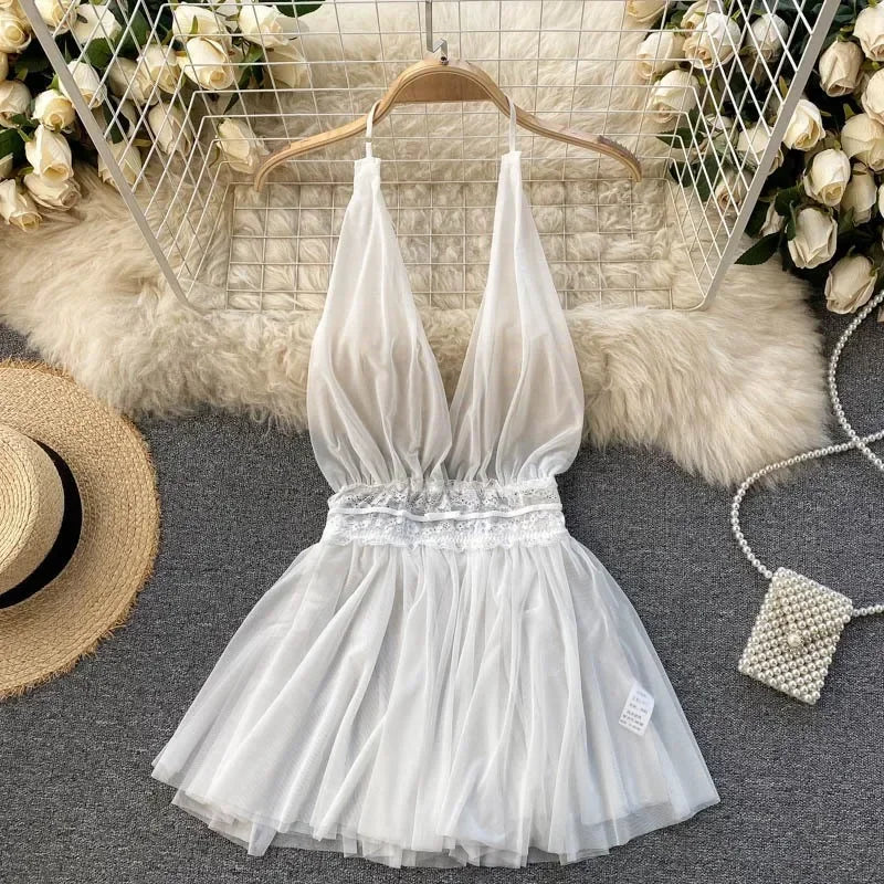 Sexy Backless Transparent Tulle Nightdress Halter Neck Mesh Underwear Nighty For Ladies Sleepwear Fairy Women Lingerie Nightwear