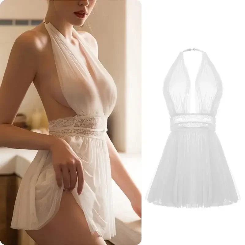 Sexy Backless Transparent Tulle Nightdress Halter Neck Mesh Underwear Nighty For Ladies Sleepwear Fairy Women Lingerie Nightwear