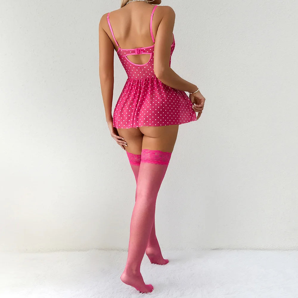 Sexy Nightwear Women Short Pajamas Polka Dot Erotic Female Lingerie Hot Night Dress Stockings Underwear Set Sex Outfit Costumes