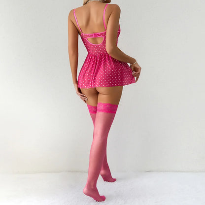 Sexy Nightwear Women Short Pajamas Polka Dot Erotic Female Lingerie Hot Night Dress Stockings Underwear Set Sex Outfit Costumes